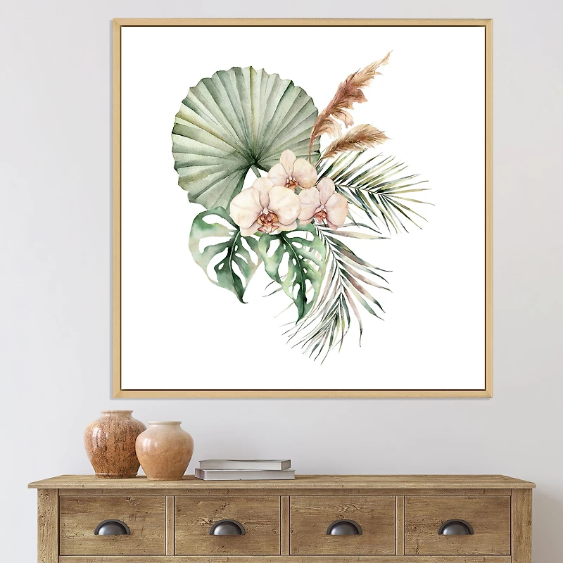 Tropical Bouquet with Orchids Palm Leaves  Canvas Wall Art Print