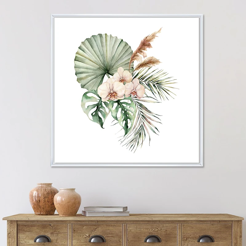 Tropical Bouquet with Orchids Palm Leaves  Canvas Wall Art Print