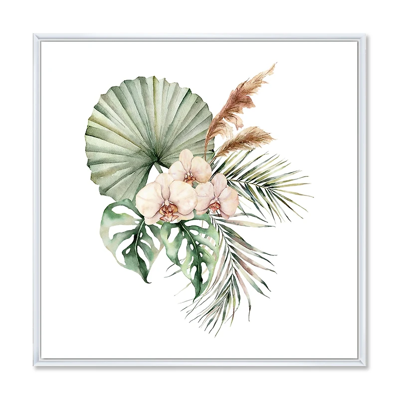 Tropical Bouquet with Orchids Palm Leaves  Canvas Wall Art Print