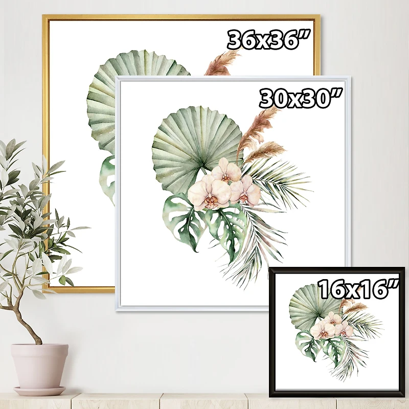 Tropical Bouquet with Orchids Palm Leaves  Canvas Wall Art Print