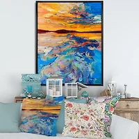 Orange Sunset Over Whirly Blue Waves  Canvas Wall Art Print