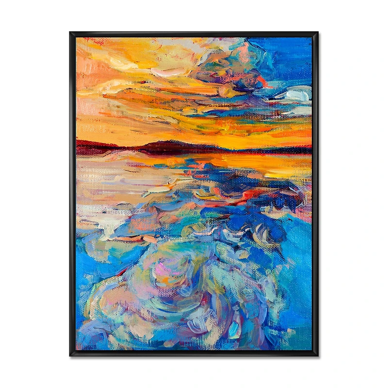 Orange Sunset Over Whirly Blue Waves Canvas Wall Art Print