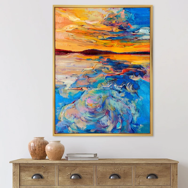Orange Sunset Over Whirly Blue Waves Canvas Wall Art Print