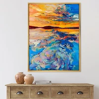 Orange Sunset Over Whirly Blue Waves  Canvas Wall Art Print