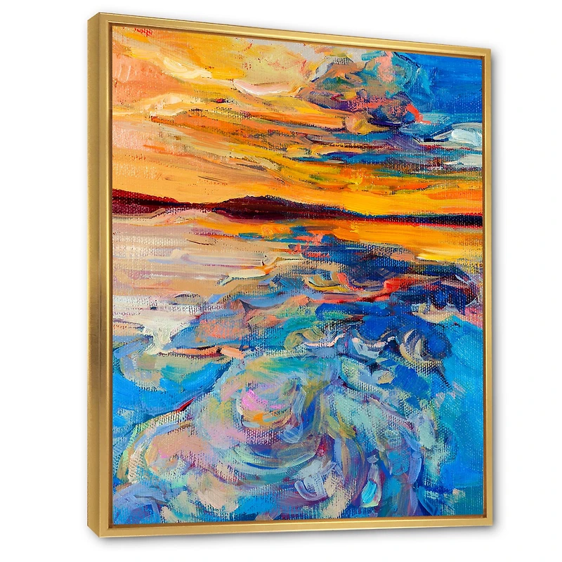 Orange Sunset Over Whirly Blue Waves Canvas Wall Art Print