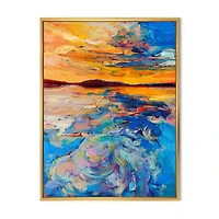 Orange Sunset Over Whirly Blue Waves  Canvas Wall Art Print