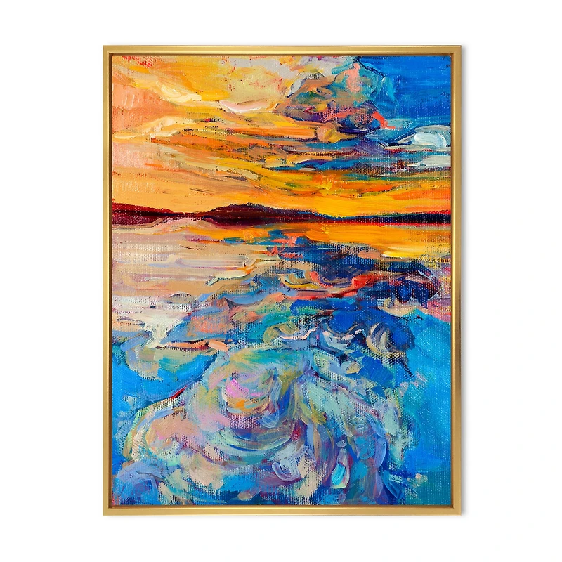 Orange Sunset Over Whirly Blue Waves Canvas Wall Art Print