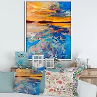 Orange Sunset Over Whirly Blue Waves  Canvas Wall Art Print