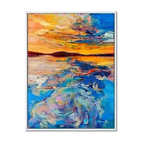 Orange Sunset Over Whirly Blue Waves  Canvas Wall Art Print