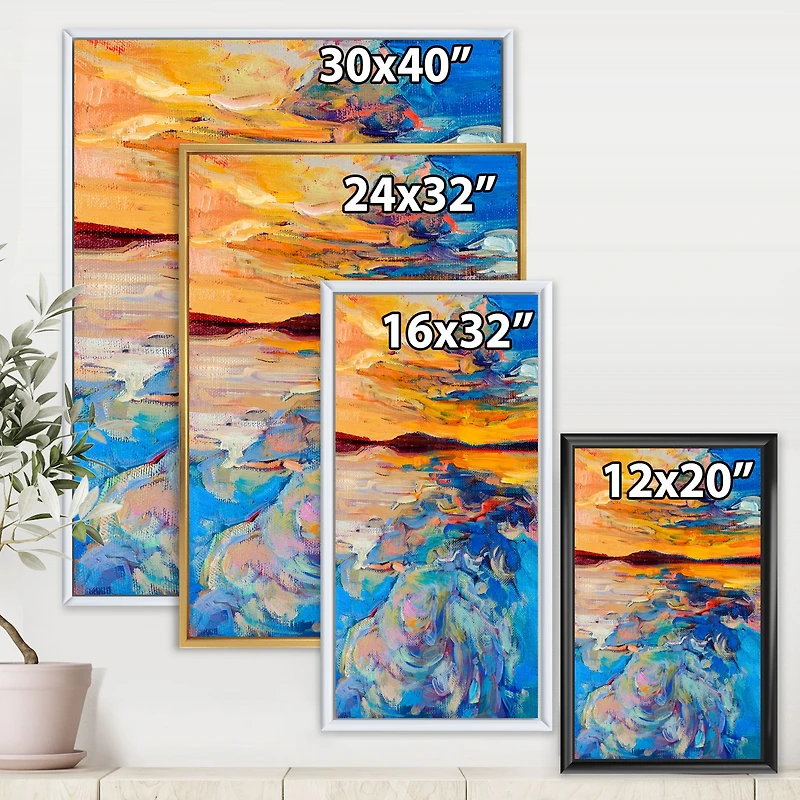 Orange Sunset Over Whirly Blue Waves Canvas Wall Art Print