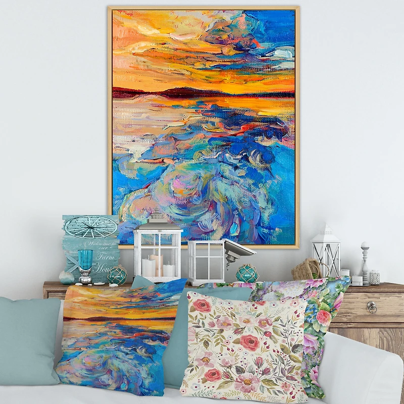 Orange Sunset Over Whirly Blue Waves Canvas Wall Art Print