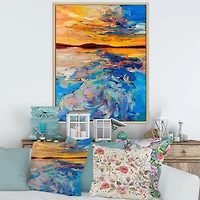 Orange Sunset Over Whirly Blue Waves  Canvas Wall Art Print
