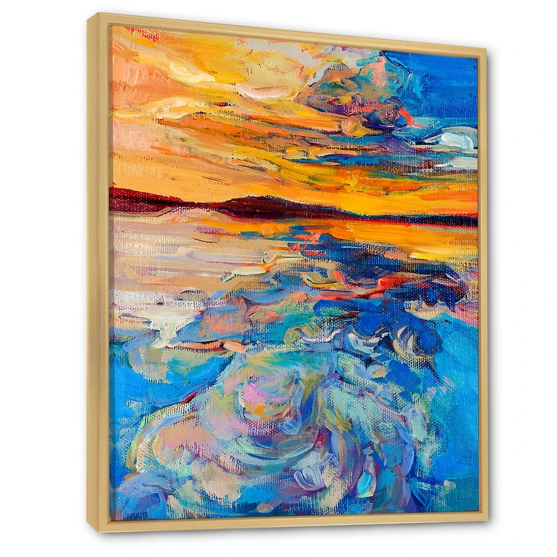 Orange Sunset Over Whirly Blue Waves Canvas Wall Art Print