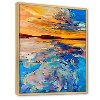 Orange Sunset Over Whirly Blue Waves  Canvas Wall Art Print