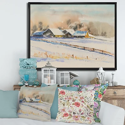 Small VIllage At Sunset Covered with Snow  Canvas Wall Art Print