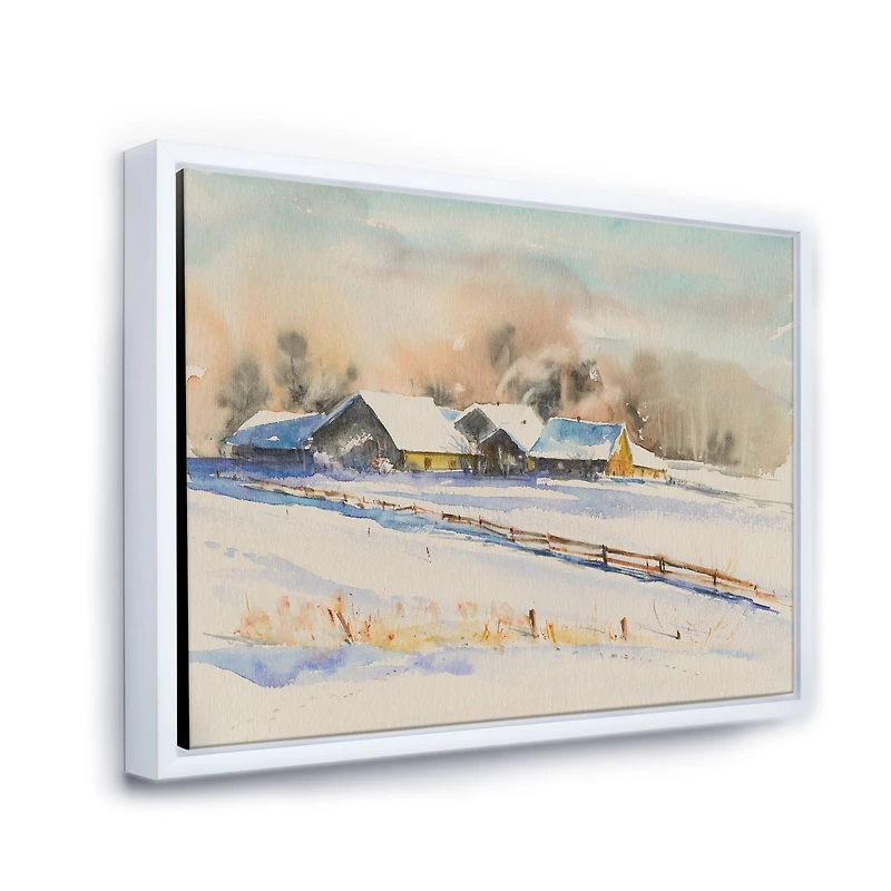 Small VIllage At Sunset Covered with Snow  Canvas Wall Art Print