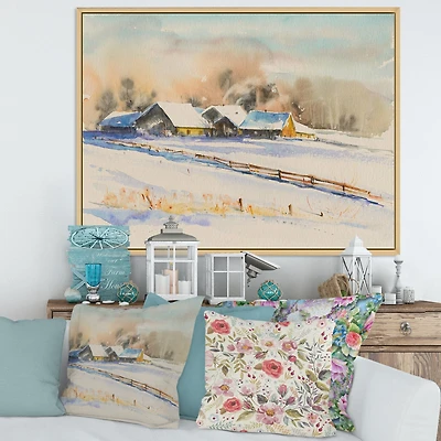 Small VIllage At Sunset Covered with Snow  Canvas Wall Art Print