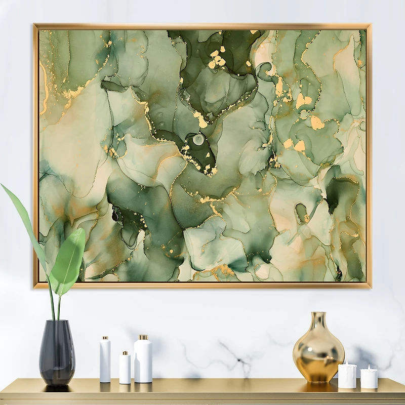 Green Luxury Abstract Fluid Art I Canvas Wall Print