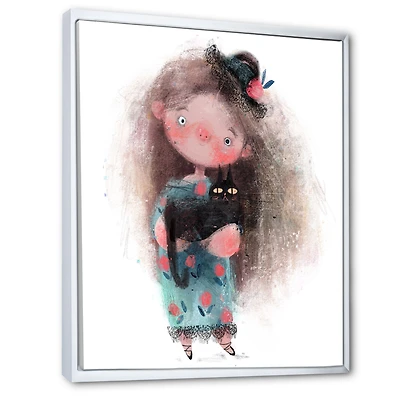 Cute Little Girl with Hat and Black Cat Canvas Wall Art Print
