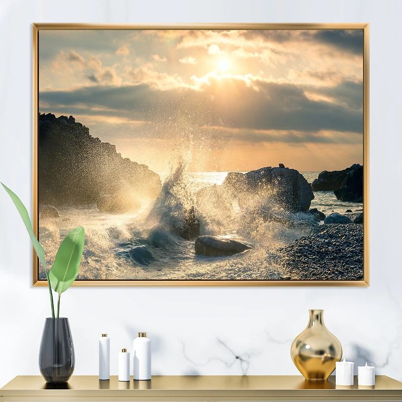 Big Wave Hit the Rock at Beach Canvas Wall Art Print