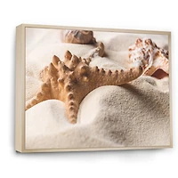 Close Up of Starfish and Seashell on Light Sand Canvas Wall Art Print