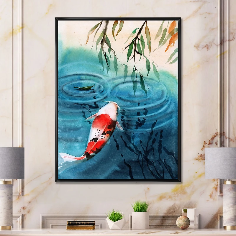 Toile imprimée « Illustration of Red Japanese Koi Carp Blue Lake »