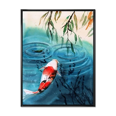 Illustration of Red Japanese Koi Carp Blue Lake Canvas Wall Art Print