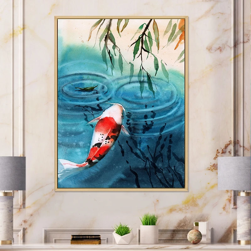 Toile imprimée « Illustration of Red Japanese Koi Carp Blue Lake »