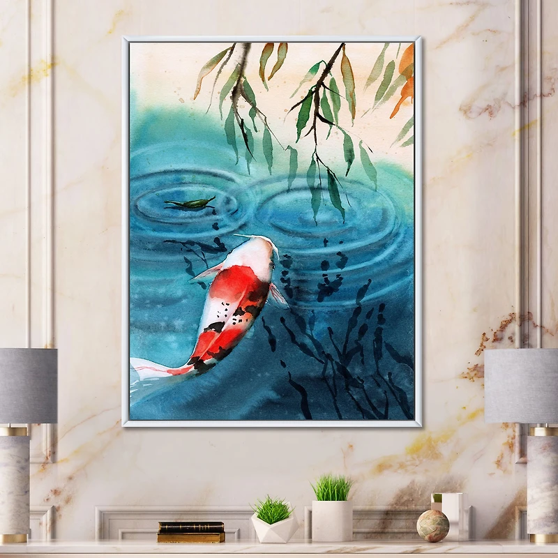 Toile imprimée « Illustration of Red Japanese Koi Carp Blue Lake »