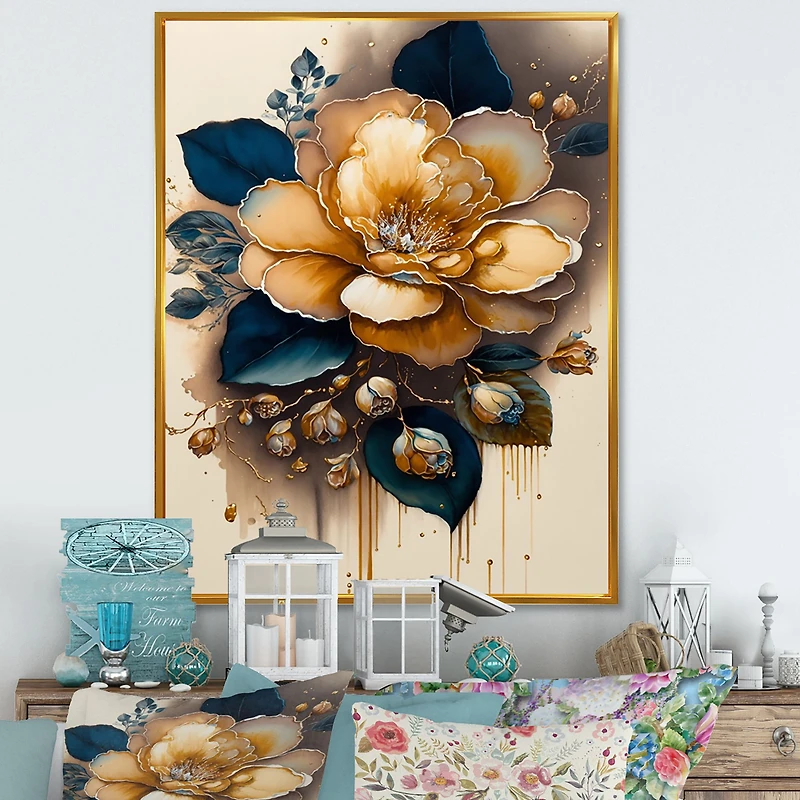 Yellow And Dark Blue Camellia Flower I Wall Art