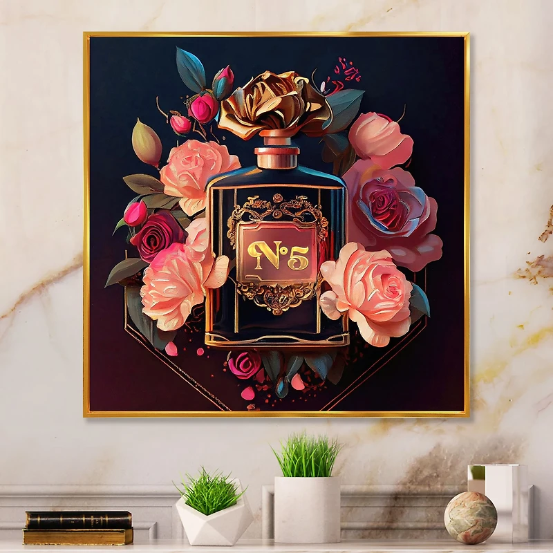 Chic Perfume Bottle With Pink Roses Wall Art