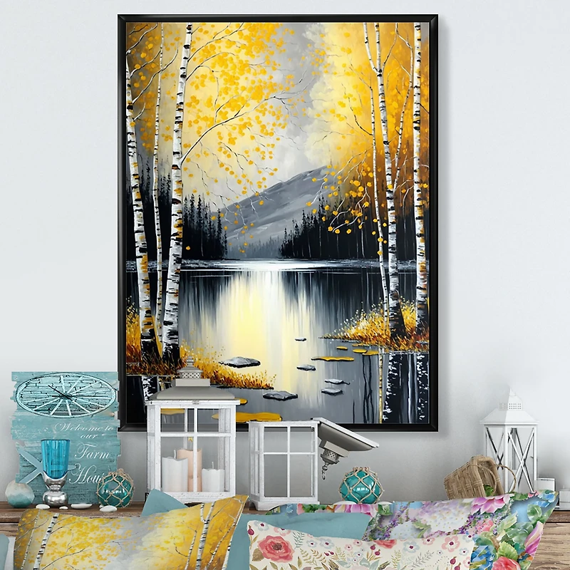 Monochrome Golden Birch Trees By The Lake I Wall Art