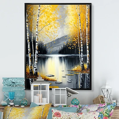 Monochrome Golden Birch Trees By The Lake I Wall Art