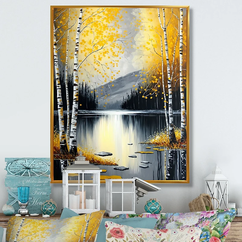 Monochrome Golden Birch Trees By The Lake I Wall Art
