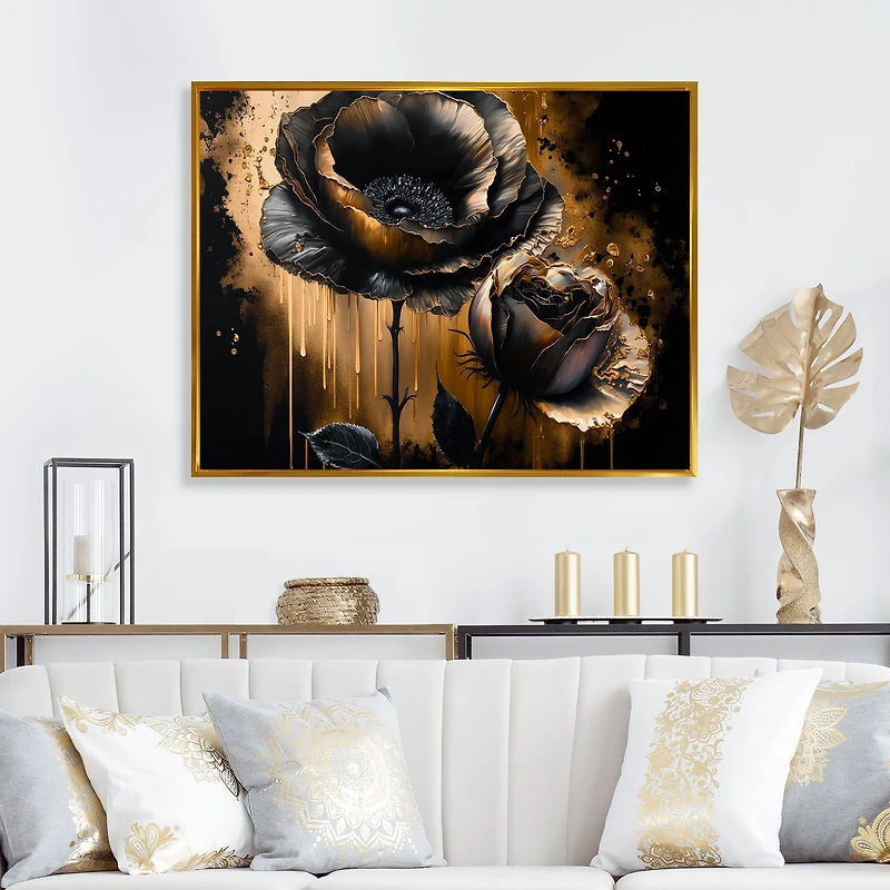 Black And Gold Popy Flowers Wall Art