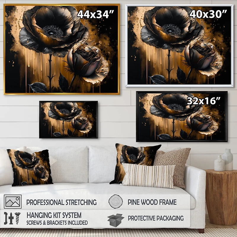 Black And Gold Popy Flowers Wall Art