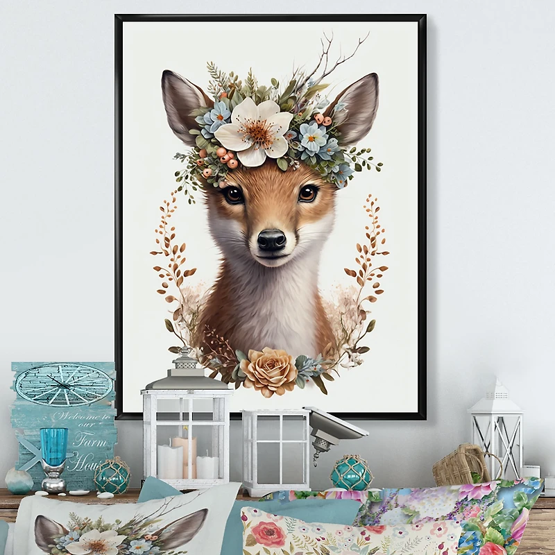 Cute Baby Fox With Floral Crown Wall Art