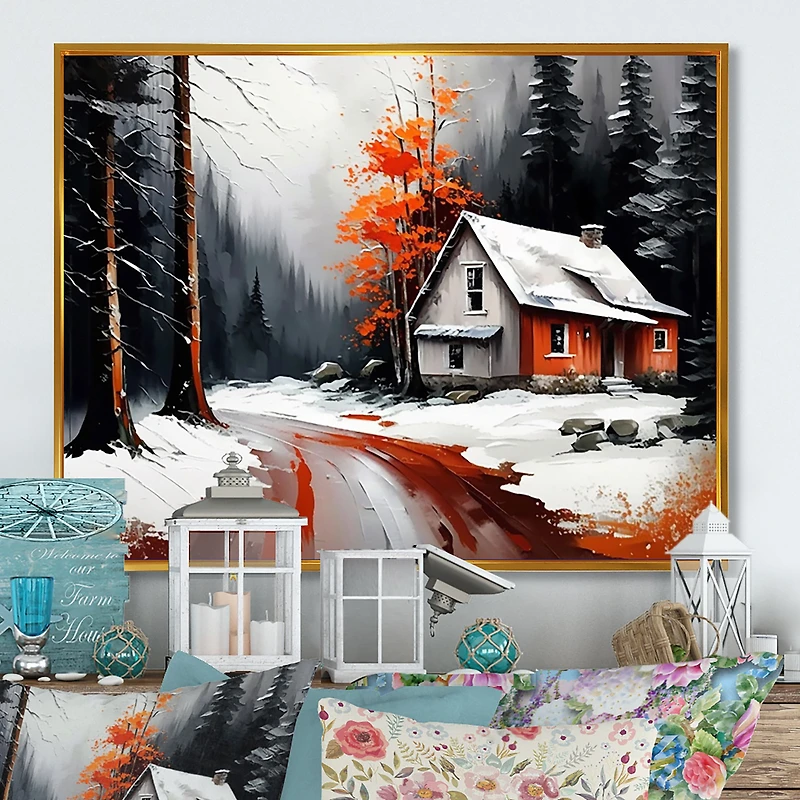 Monochrome Orange Cottage Winter IV Wall Art