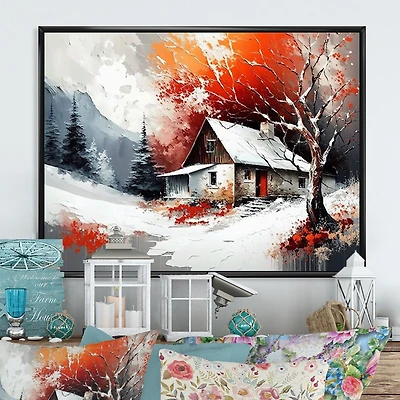Monochrome Orange Cottage Winter VII Wall Art