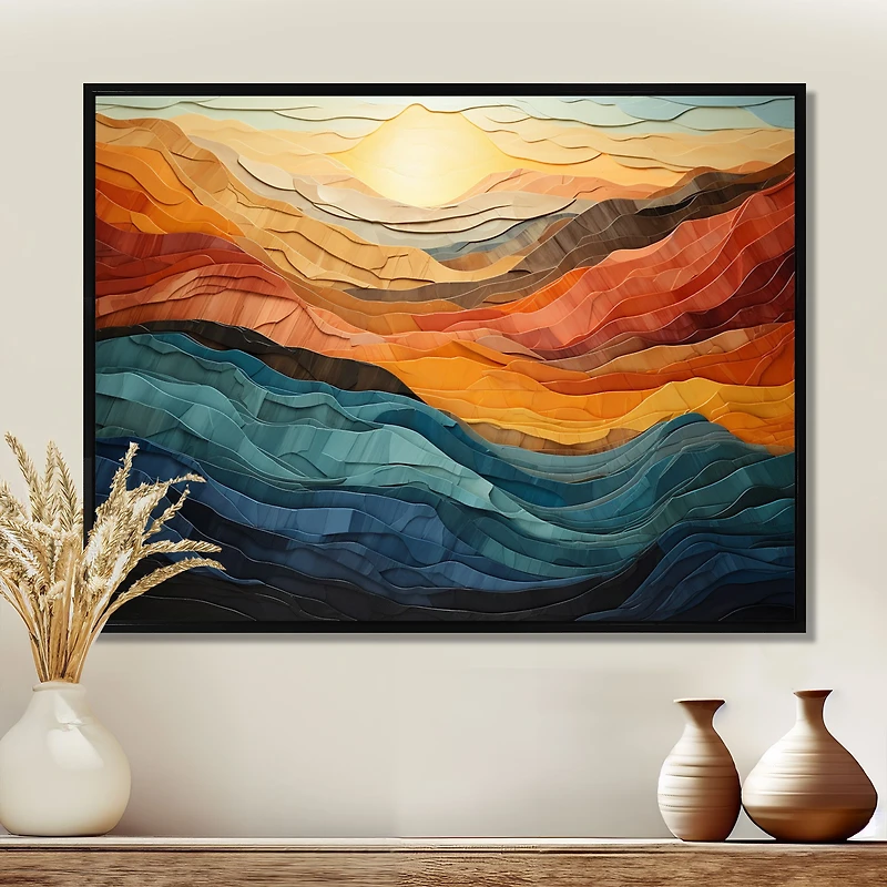 Bold Coral and Teal Mountains – Vibrant Modern Landscape