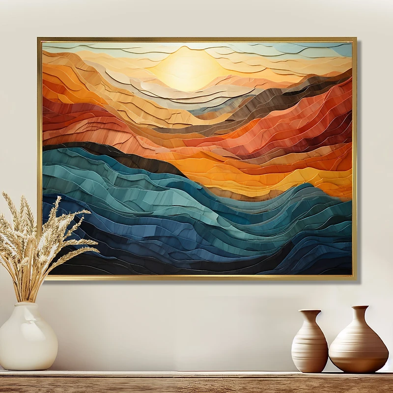 Bold Coral and Teal Mountains – Vibrant Modern Landscape