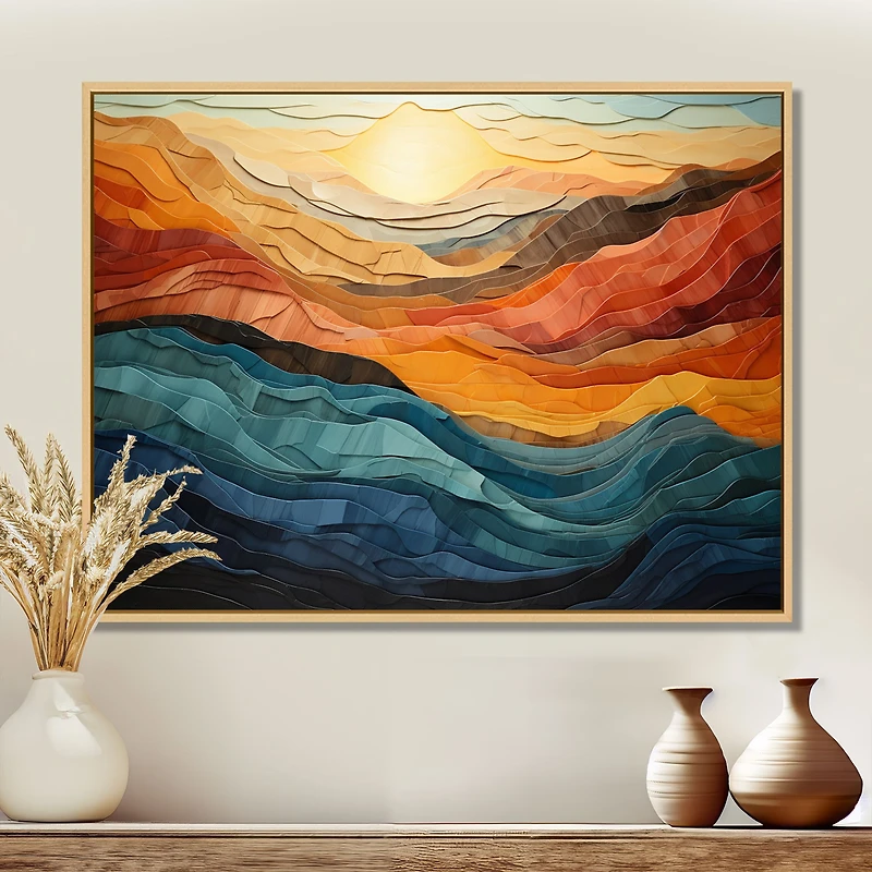 Bold Coral and Teal Mountains – Vibrant Modern Landscape