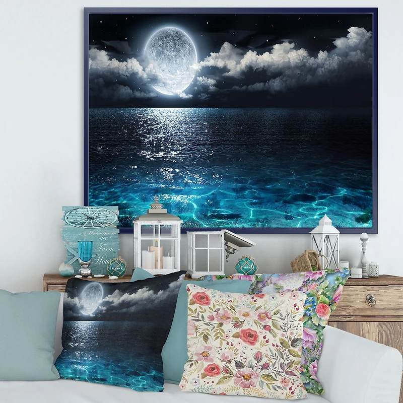 Romantic Full Moon Over Sea Canvas Art Print