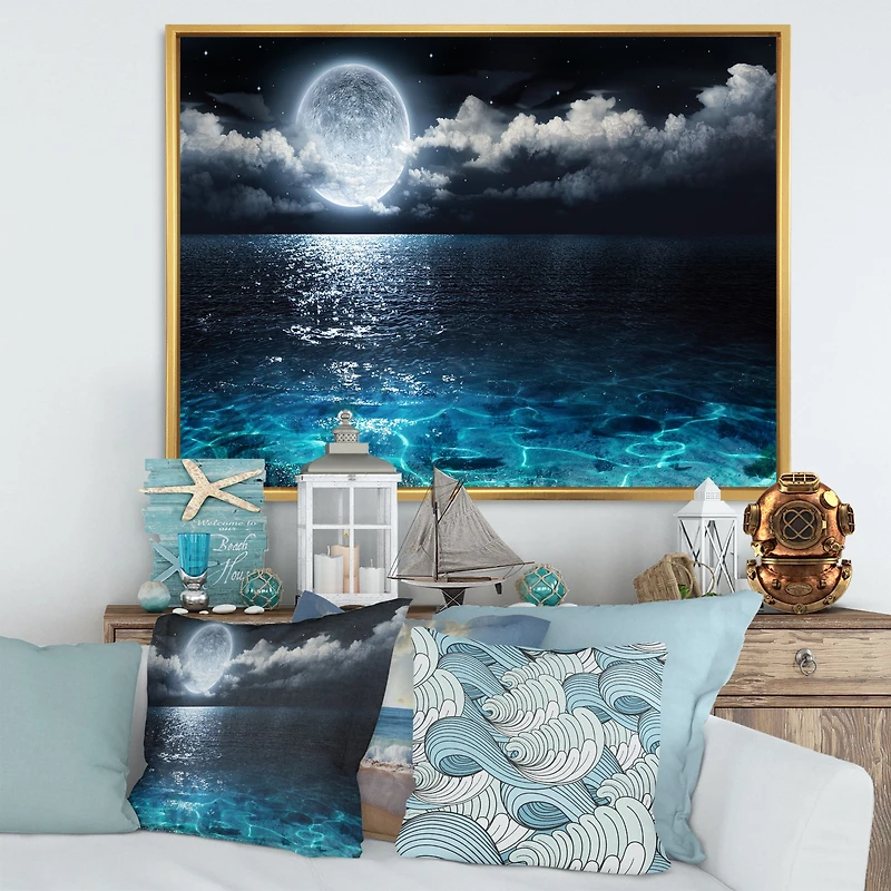 Romantic Full Moon Over Sea Canvas Art Print
