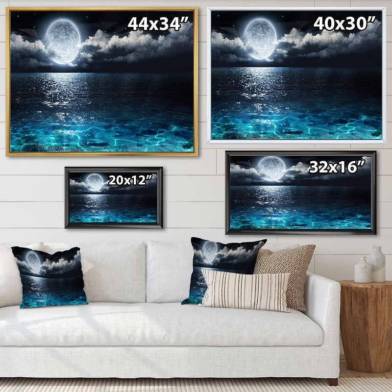Romantic Full Moon Over Sea Canvas Art Print