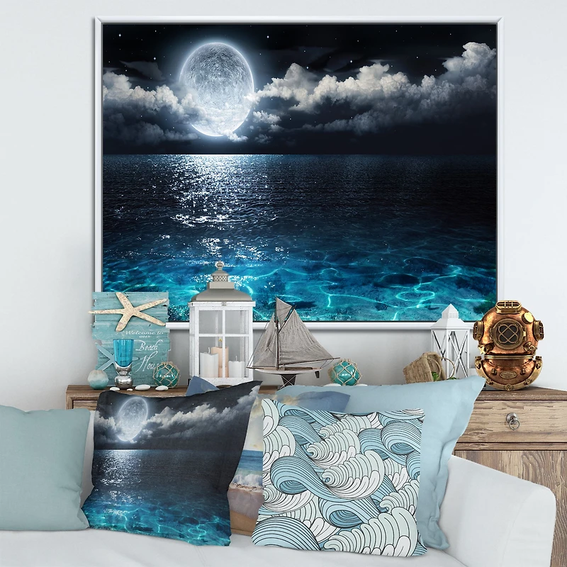 Romantic Full Moon Over Sea Canvas Art Print