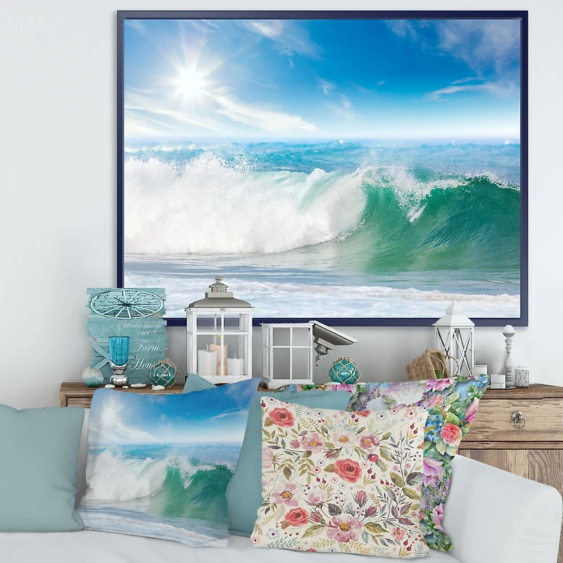 White and Blue Waves under Sun  Canvas Wall Art