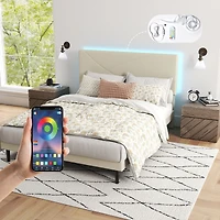 Cadre de lit grand rembourré Foothill beige avec ports USB et lumières LED