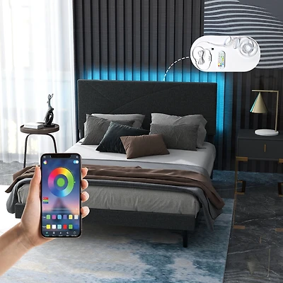 Upholstered Grey Foothill Queen Bed Frame with USB Ports and LED Lights