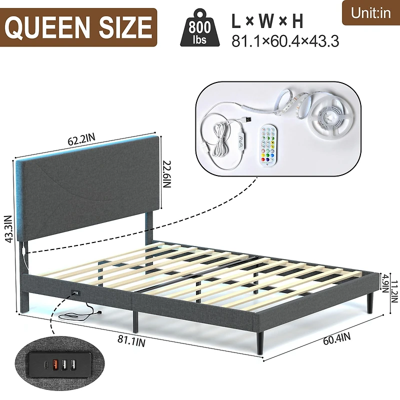 Cadre de lit grand rembourré Foothill gris avec ports USB et lumières LED